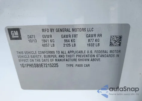 2014 Chevrolet Cruze Eco Auto from USA, damaged, VIN 1G1PH5SB9E7215225